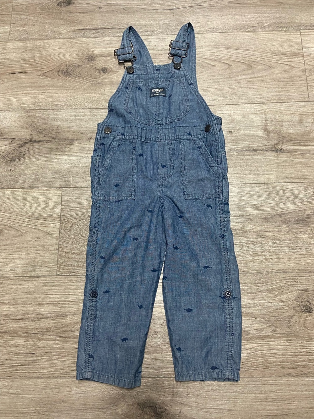Oshkosh B’gosh Dinosaur Print Chambray Overalls 3T Blue Cotton